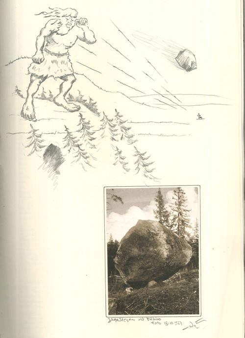 gulnat blad med ett svartvitt fotografi på en sten och en tecknad bild av en jätte som kastar en stor sten