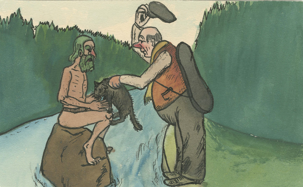 Tecknad bild. Näcken som sitter på en sten i en å och tar emot en svart katt av en man som samtidigt lyfter på mössan till hälsning
