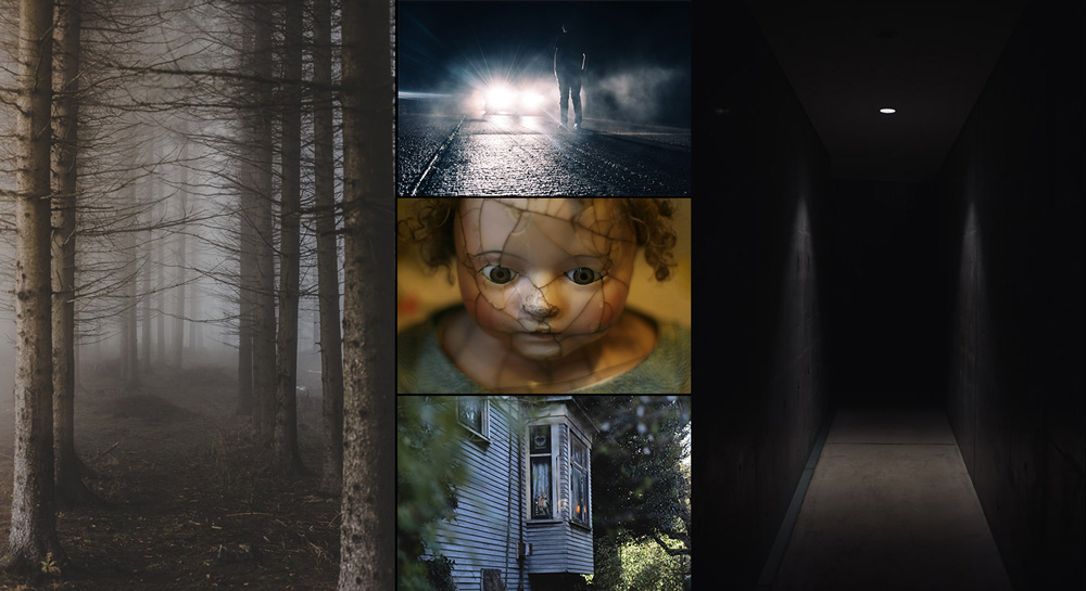 Bildblock med foton på kusliga motiv - en ödslig väg, en trolsk skog, ett övergivet hus.