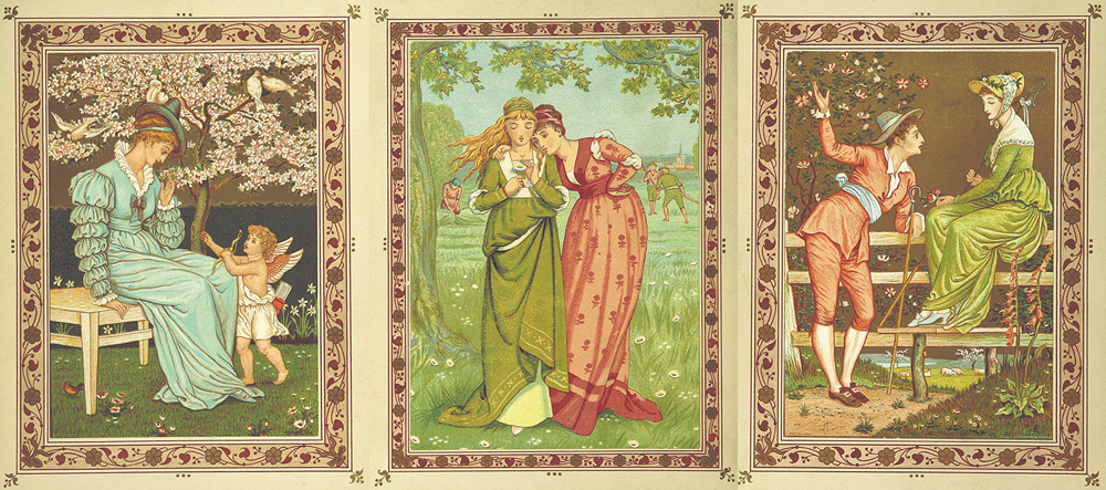 Tre tecknade bilder med romantiska scener med kvinnor i medeltidsinspirerade kläder.