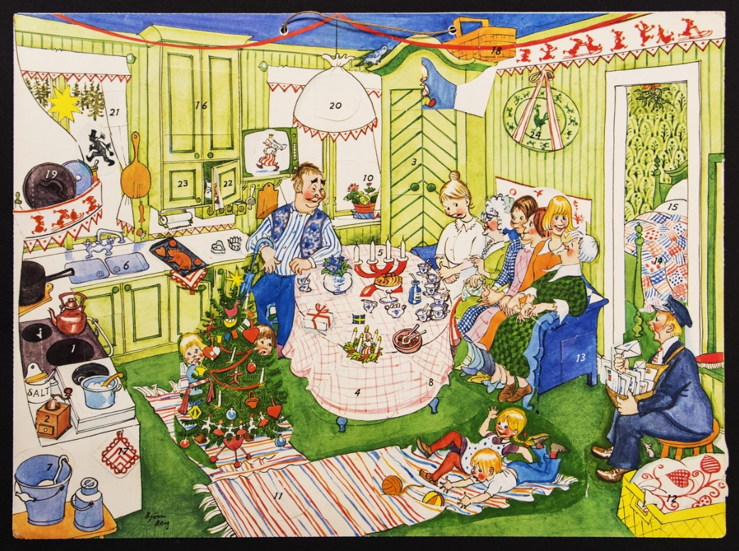 bild av julkalender från Teskedsgumman. bilden är tecknad och föreställer ett gammaldags kök med teskedsgumman och flera andra figurer från kalendern.