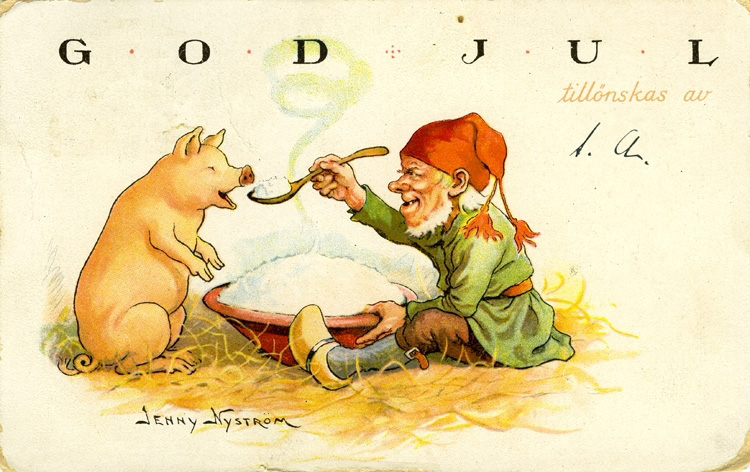 Gulnat vykort föreställande en gris och en tomte som sitter på varsin sida om ett stort grötfat. Tomten matar grisen med en stor slev gröt.