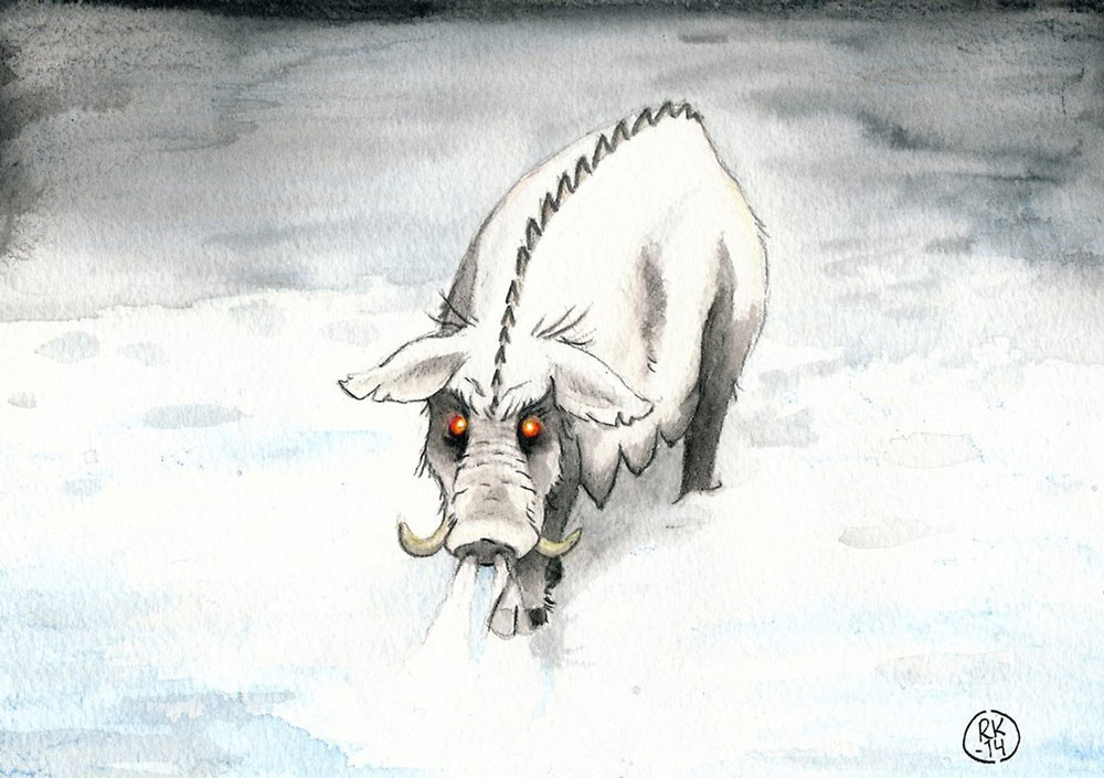 Teckning föreställande svin med lysande ögon som kommer rusande.