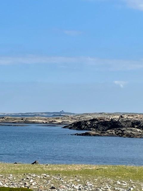 Färgfoto föreställande hav och klippor med en fästning skymtande i bakgrunden.