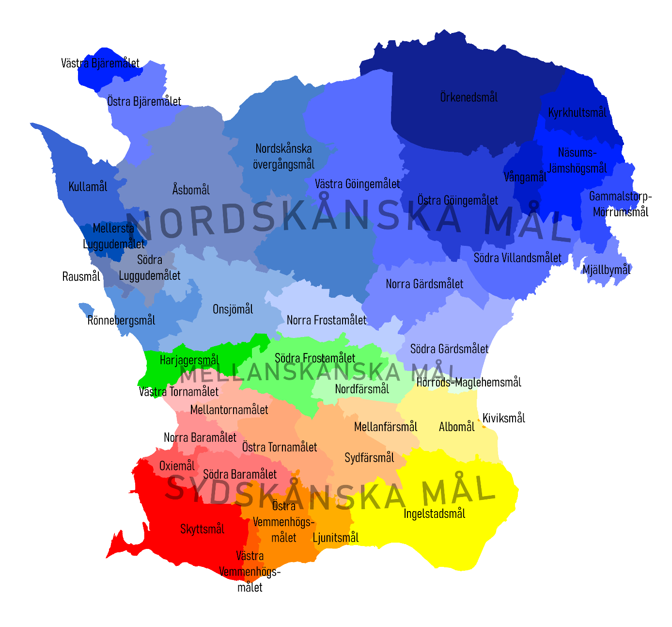 Karta som visar dialekterna i Skåne indelade i nordskånska, mellanskånska och sydskånska dialekter